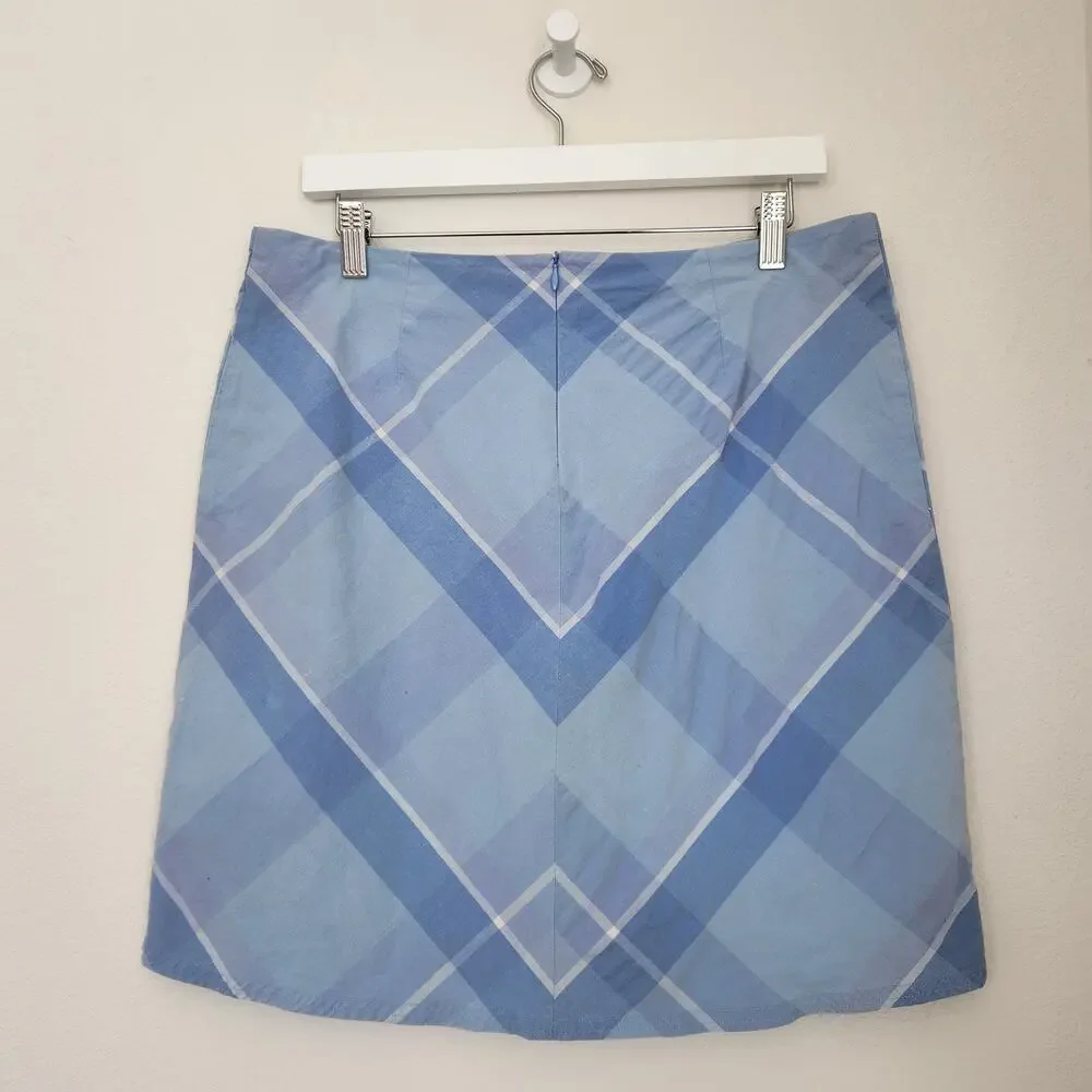 Y2K SO Cotton Blue White Diagonal Plaid Mini Skirt Fitted Stretchy Women's M L